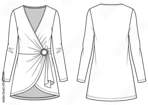 Wrap-style blouse fashion sketch with V-neck front, circular brooch detail, draped waist fabric, and plain back view garment illustration