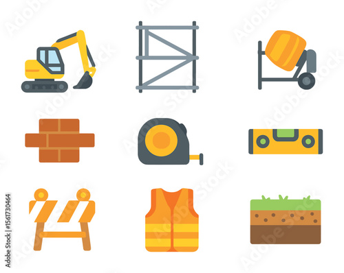 Construction Icon Set. Flat icon set of building site development: excavator, scaffolding, cement mixer,