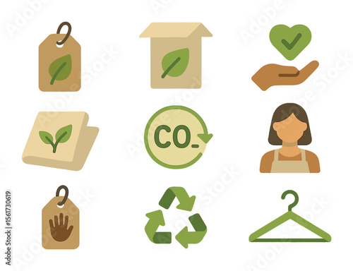 Sustainable Fashion Icons. Flat icon set of sustainable fashion branding: eco-label tag, biodegradable