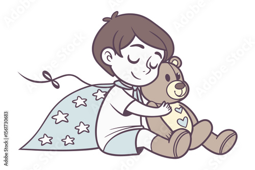 Dreamy Embrace: A young child, cloaked in a starry cape, finds solace and comfort as they tenderly embrace their cherished teddy bear. A captivating illustration for storybooks. 