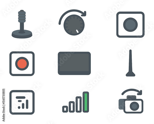 Drone Controller Icon Set. Flat icon set of drone controller elements: throttle stick, camera tilt wheel,