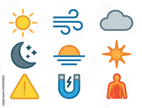 Aerial Shooting Icons. Flat icon set of aerial shooting conditions: clear sky, windy icon, cloud cover, low