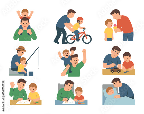 Father-Child Icon Set. Flat icon set of father-child relationships: piggyback ride, teaching bike riding,