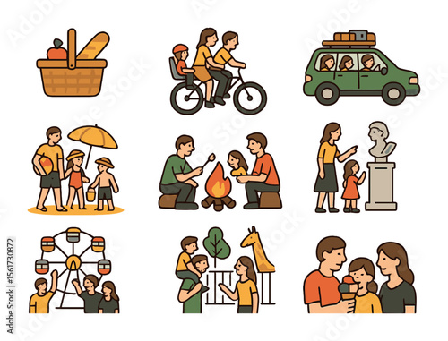 Family Weekend Icons. Flat icon set of family weekend moments: picnic basket, bicycle ride, family car trip,