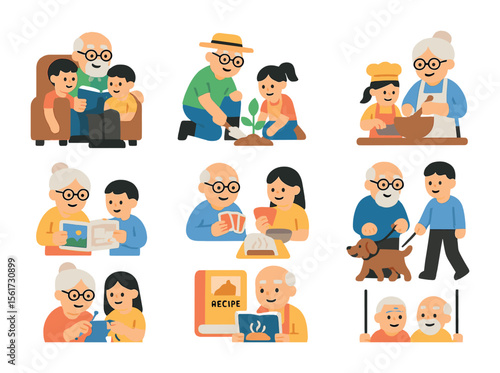 Intergenerational Bonding Icons. Flat icon set of intergenerational bonding: grandparent storytime, gardening