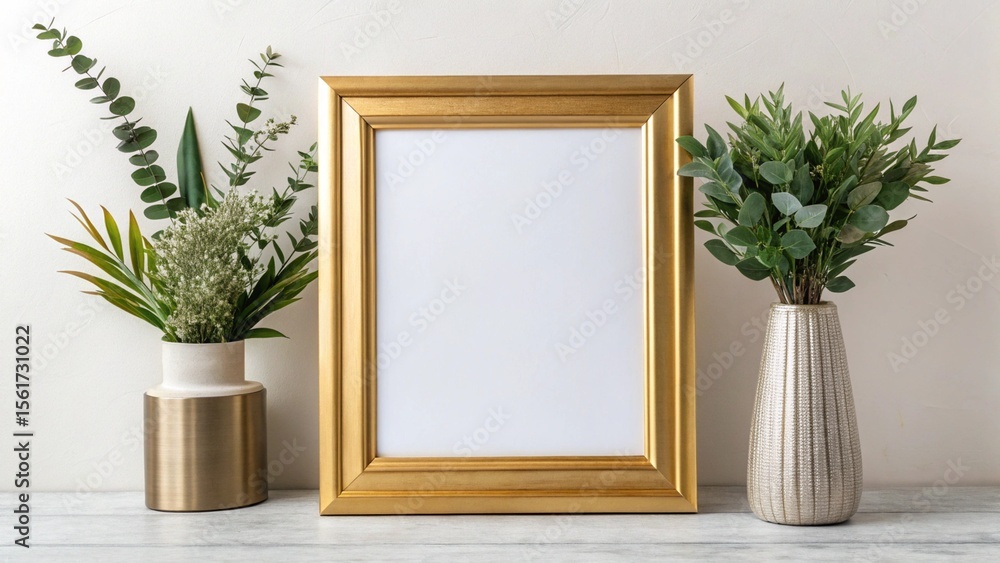 Fototapeta premium Gold Frame Mockup: Blank Canvas, Greenery, Elegant Vases, Minimalist Style, Modern Home Decor