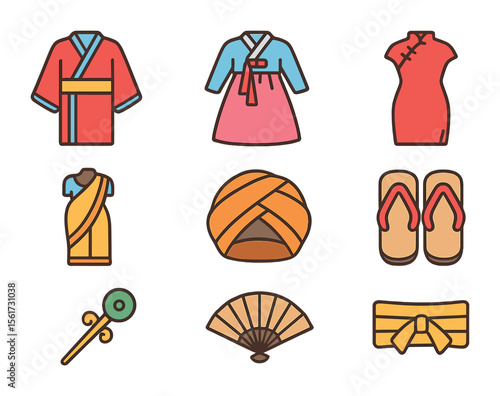 Traditional Asian Garments. Flat icon set of traditional Asian garments: kimono, hanbok, cheongsam, sari,