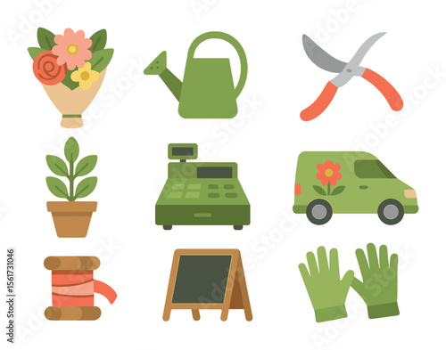 Flower Shop Icons. Flat icon set of local flower shop: bouquet, watering can, pruning shears, potted plant,