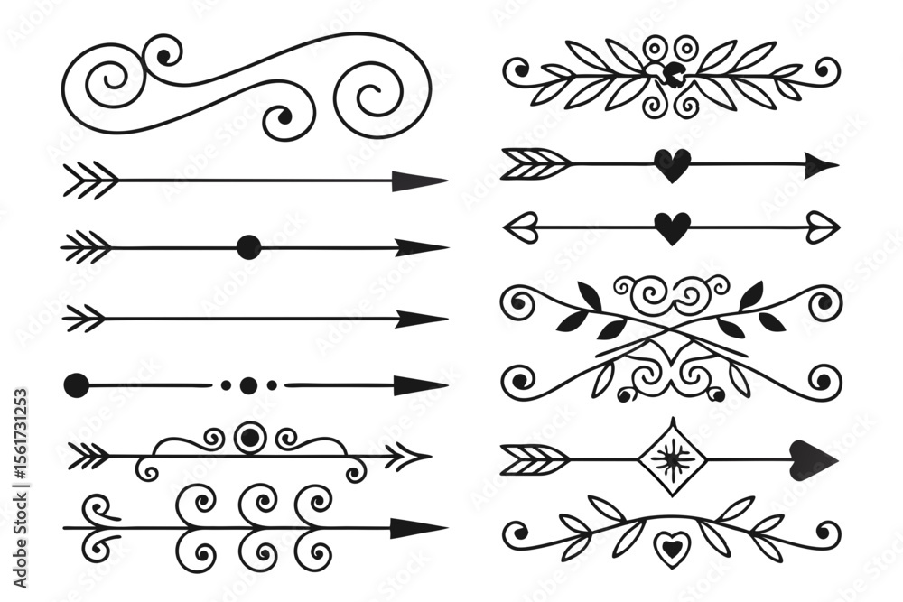 Fototapeta premium Elegant Hand-Drawn Black Vector Divider Set Featuring Arrows, Floral Curves, and Ornamental Swirls. Vintage Design Elements for Layout Templates and Invitations.