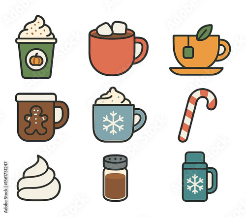 Seasonal Hot Drinks Icons. Flat icon set of seasonal hot drinks: pumpkin spice latte, hot cocoa mug,