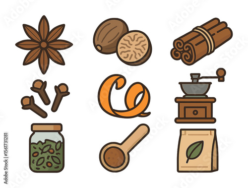 Spiced Beverages Icon Set. Flat icon set of spiced beverages: star anise, nutmeg pod, cinnamon bundle, cloves,