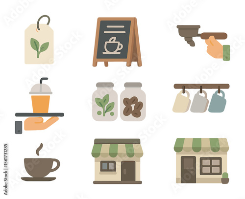 Artisanal Drink Icons. Flat icon set of artisanal drink shops: tea label, chalkboard menu, barista hand, drink