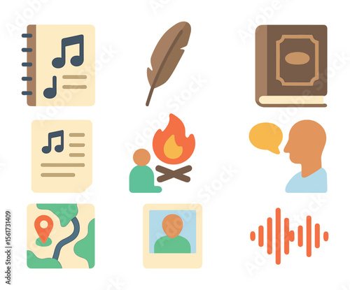 Folk Music Icons. Flat icon set of storytelling in folk music: lyrical notebook, feather pen, old book, song