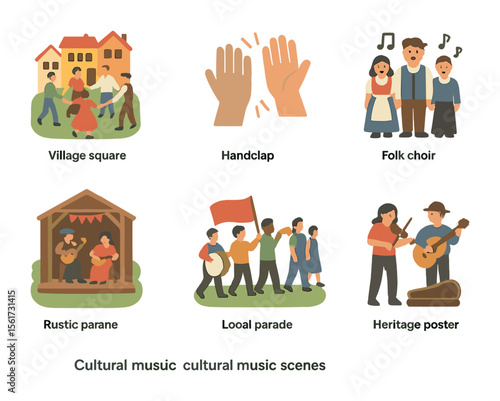 Cultural Music Icons. Flat icon set of cultural music scenes: village square, handclap rhythm, folk choir,