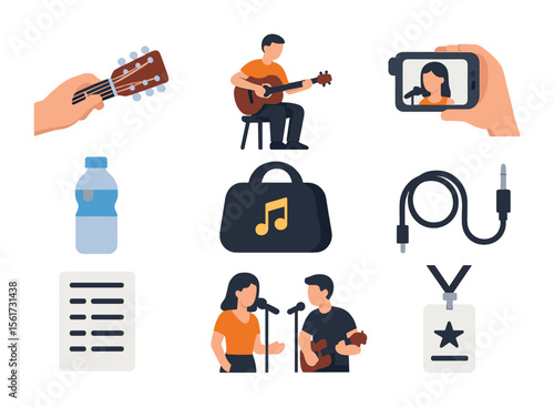 Music Moment Icons. Flat icon set of behind-the-scenes music moments: instrument tuning, warm-up session,