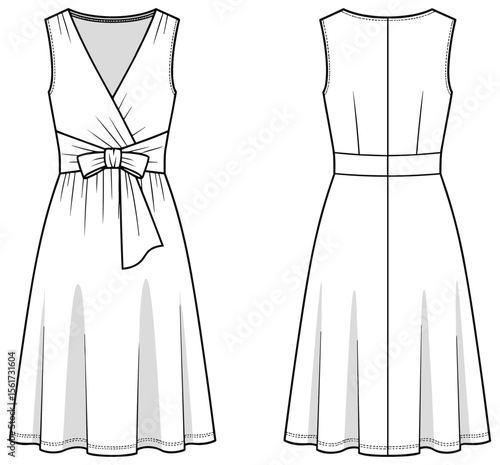 Wrap-style sleeveless dress sketch with pleated skirt, tied bow waistband, V-neckline front, and round neckline back for design templates