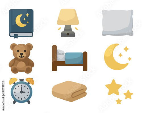Sleep Habits Icons. Flat icon set of sleep and rest habits: bedtime book, nightlight, pillow, teddy bear, bed,