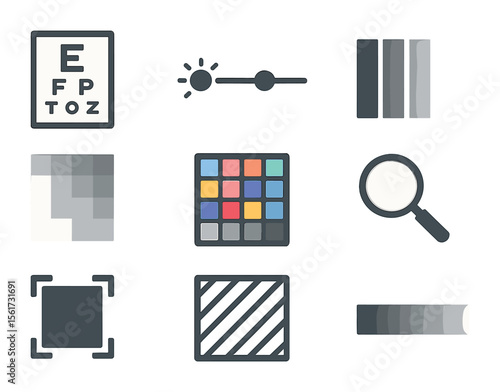 Graphic Visual Test Icons. Flat icon set of graphic visual tests: eye chart, contrast slider, grayscale bars,