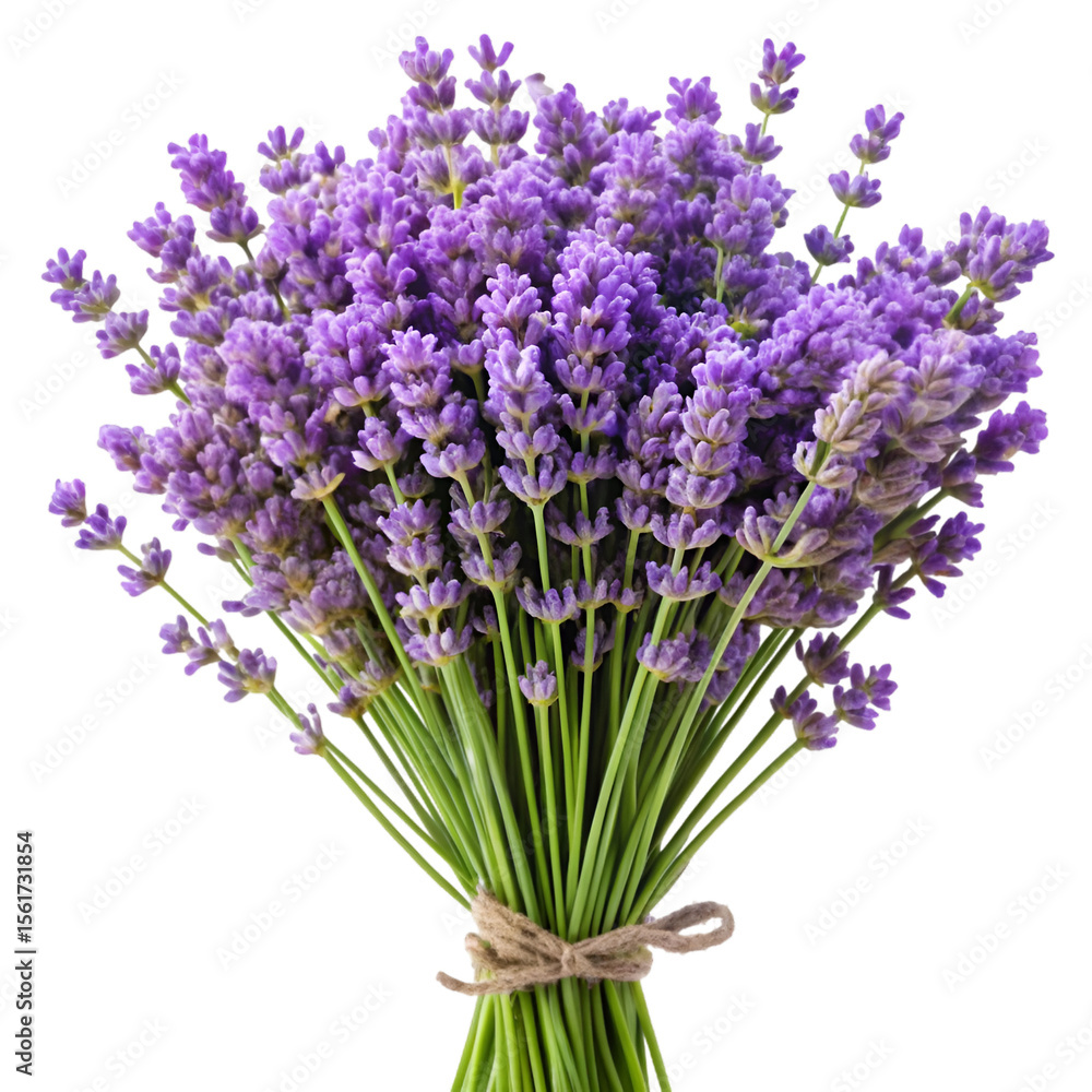 Fototapeta premium Fragrant lavender bouquet with soft purple blooms and slender green stems isolated on white background