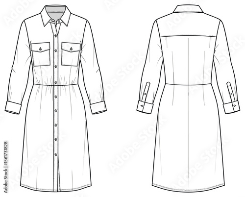 Long-sleeve shirt dress fashion sketch with button-down front, chest pockets, gathered waistline, cuffed sleeves, collar neckline, back yoke