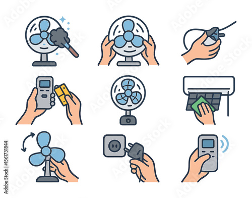 Fan Maintenance Icons. Flat icon set of cooling season prep: dusting fan blades, installing fan, checking