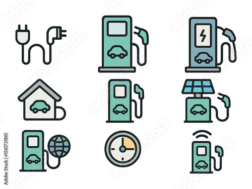 EV Charger Icons. Flat icon set of types of EV chargers: level 1 charger, level 2 charger, DC fast charger,