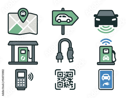 EV Infrastructure Icons. Flat icon set of EV-friendly infrastructure: charging zone map, EV signpost, parking