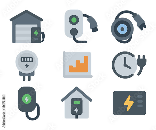 Home EV Charging Icons. Flat icon set of home EV charging setup: garage charger unit, home outlet adapter,
