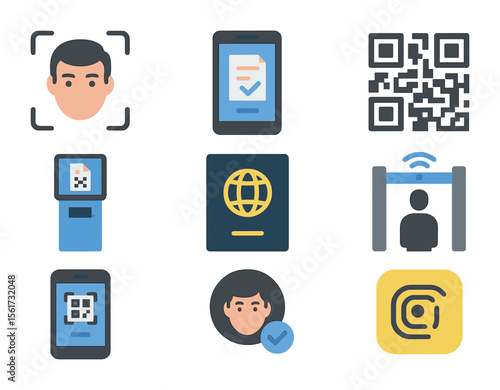 Smart Customs Icon Set. Flat icon set of smart customs tech: biometric scanner, e-declaration app, QR code,