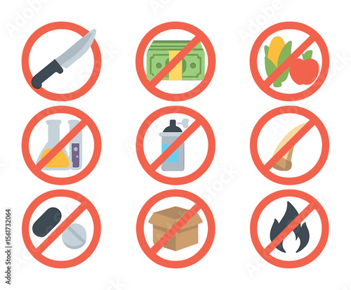 Customs Prohibited Icons. Flat icon set of customs prohibited items: knife, large sum of cash, agricultural