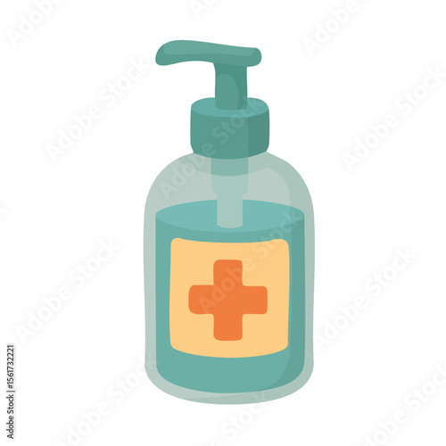 Cute antiseptic dispenser bottle with cross label. Medical cartoon clipart in flat vector style.
