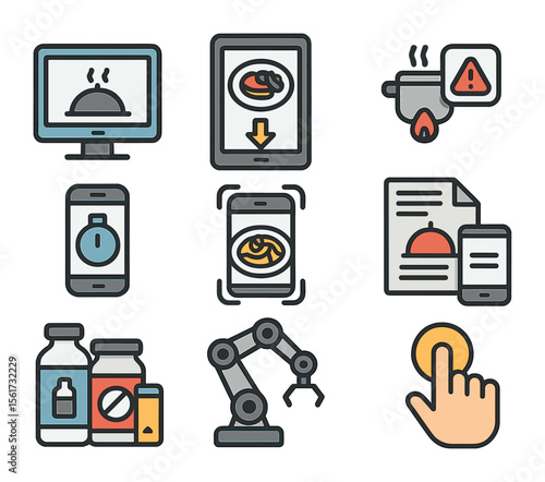 Smart Kitchen Icon Set. Flat icon set of smart kitchen-to-app integration: kitchen display, order tablet,