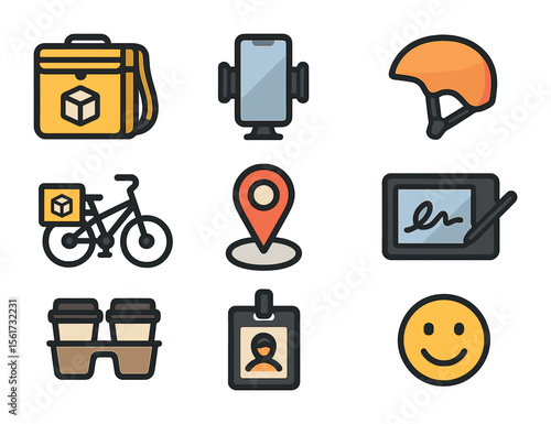 Delivery Icons Set. Flat icon set of delivery driver essentials: insulated backpack, phone holder, helmet,
