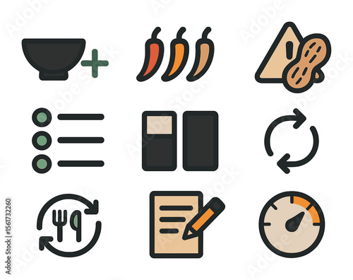 Order Customization Icons. Flat icon set of order customization features: add item plus sign, spice meter,