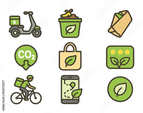 Sustainable Delivery Icons. Flat icon set of food delivery sustainability: electric scooter, compost bin,