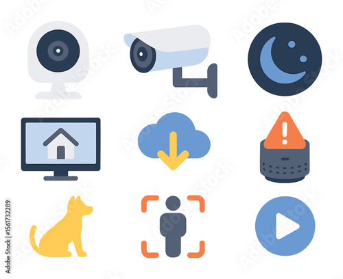 Home Monitoring Icons. Flat icon set of home monitoring systems: indoor camera, outdoor camera, night vision