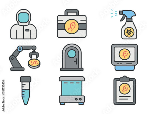 Astrobiology Lab Icon Set. Flat icon set of astrobiology lab setup: clean room suit, biosample box,