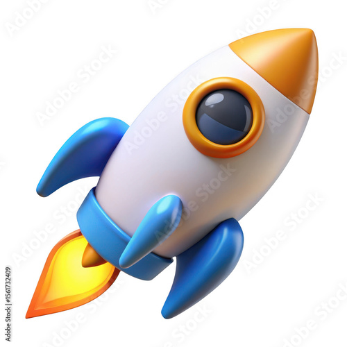 3d cartoon rocket launching with fiery exhaust isolated on transparent background