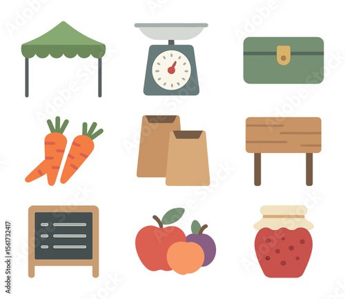 Farmers Market Essentials. Flat icon set of farmers market essentials: canopy tent, produce scale, cash box,