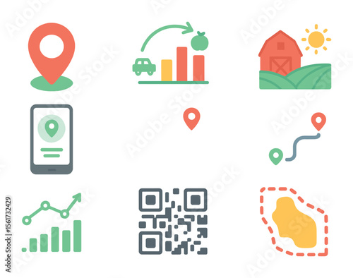 Local Food Mapping Icons. Flat icon set of local food mapping tools: geotag pin, food miles chart, regional