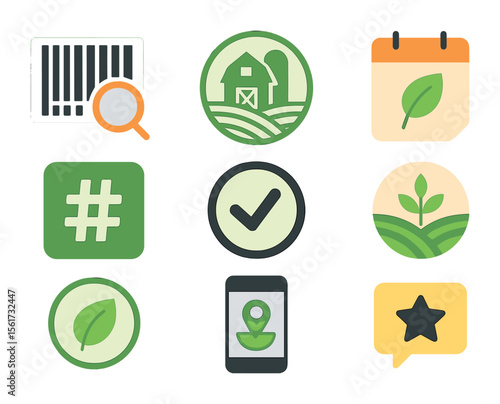 Local Produce Tracking Icons. Flat icon set of local produce tracking: tracking barcode, farm origin stamp,