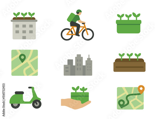 Urban Agriculture Icons. Flat icon set of urban agriculture delivery: rooftop farm, bike courier, green box,