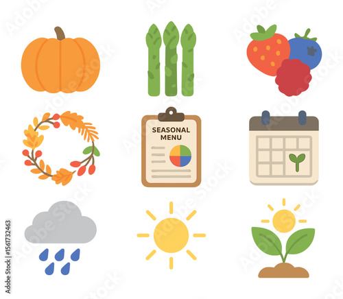 Seasonal Food Icons. Flat icon set of seasonal food icons: fall pumpkin, spring asparagus, summer berries,