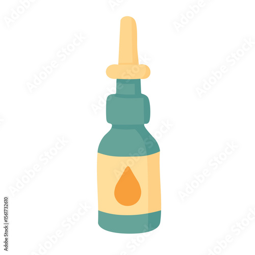 Cartoon nasal spray with drop label. Soft flat medical illustration in clean vector style.