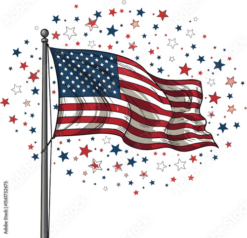 Waving American flag with scattered patriotic stars blue