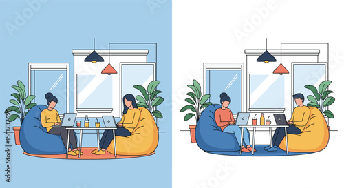 Two people working on laptops while sitting comfortably in beanbag chairs in a modern office space