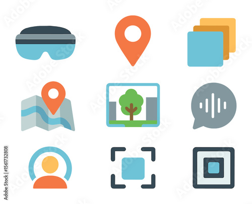 Augmented Reality Icons. Flat icon set of augmented reality storytelling: AR headset, location pin, layered