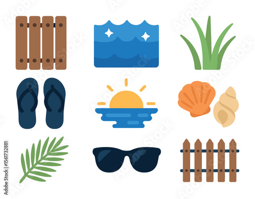 Beachside Boardwalk Icons. Flat icon set of beachside boardwalks: wooden planks, ocean shimmer, beach grass,