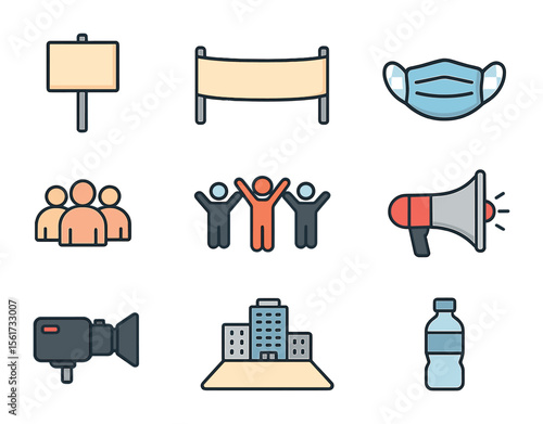 Protest Icon Grid. Flat icon set of protest and demonstration elements: picket sign, banner roll, face mask,
