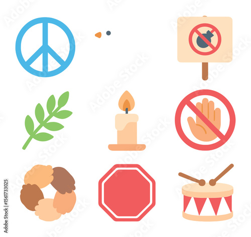 Peace Protest Icon Set. Flat icon set of peace and anti-war protests: peace sign, white dove, anti-war placard